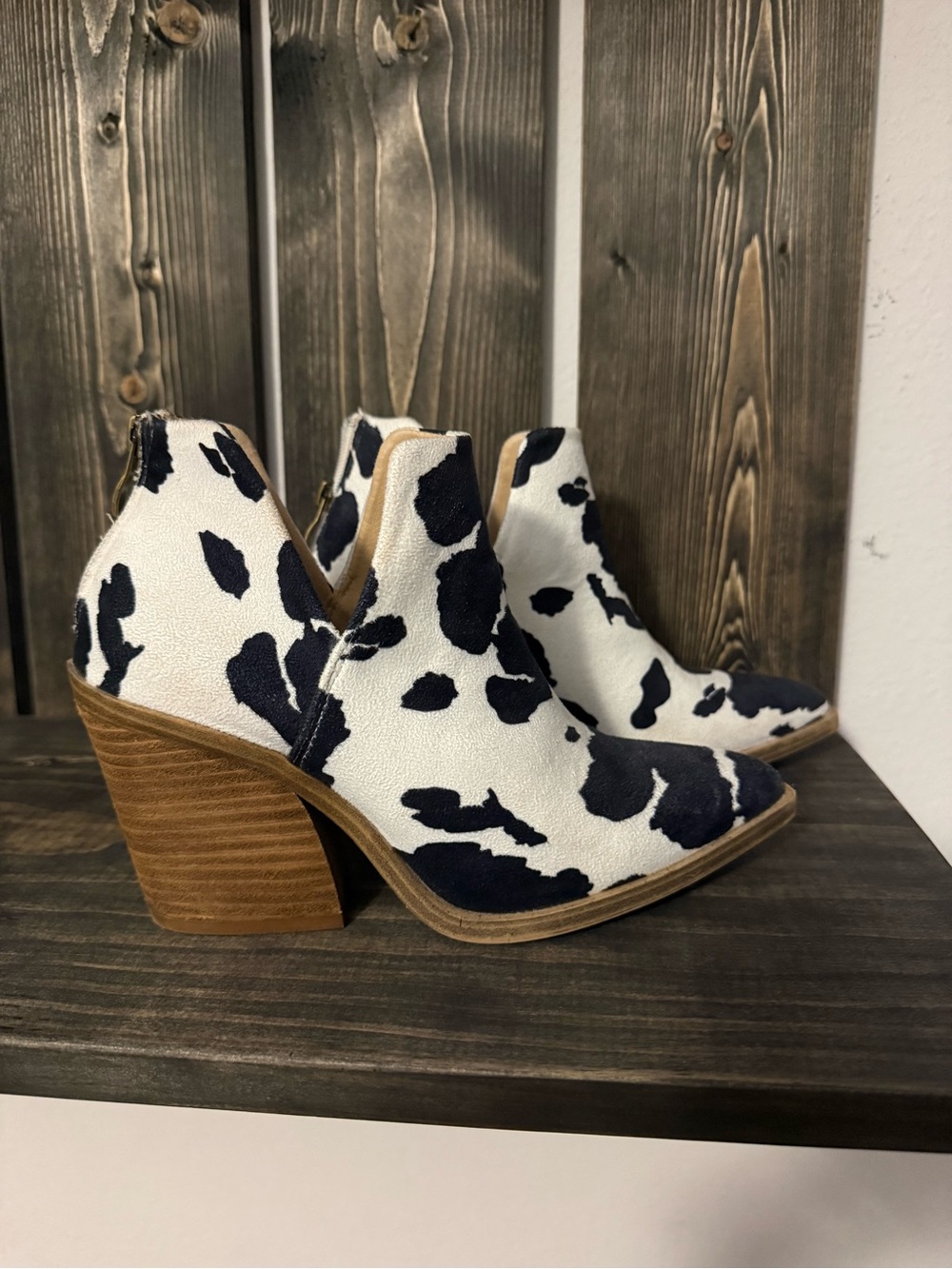 Cow-Print Ankle Booties in White & Black with Stacked Heel